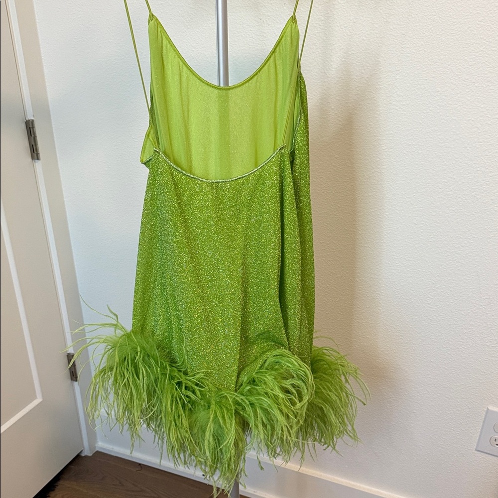 Oseree Lime Green Feather Trim Mini Dress - Picture 3 of 3